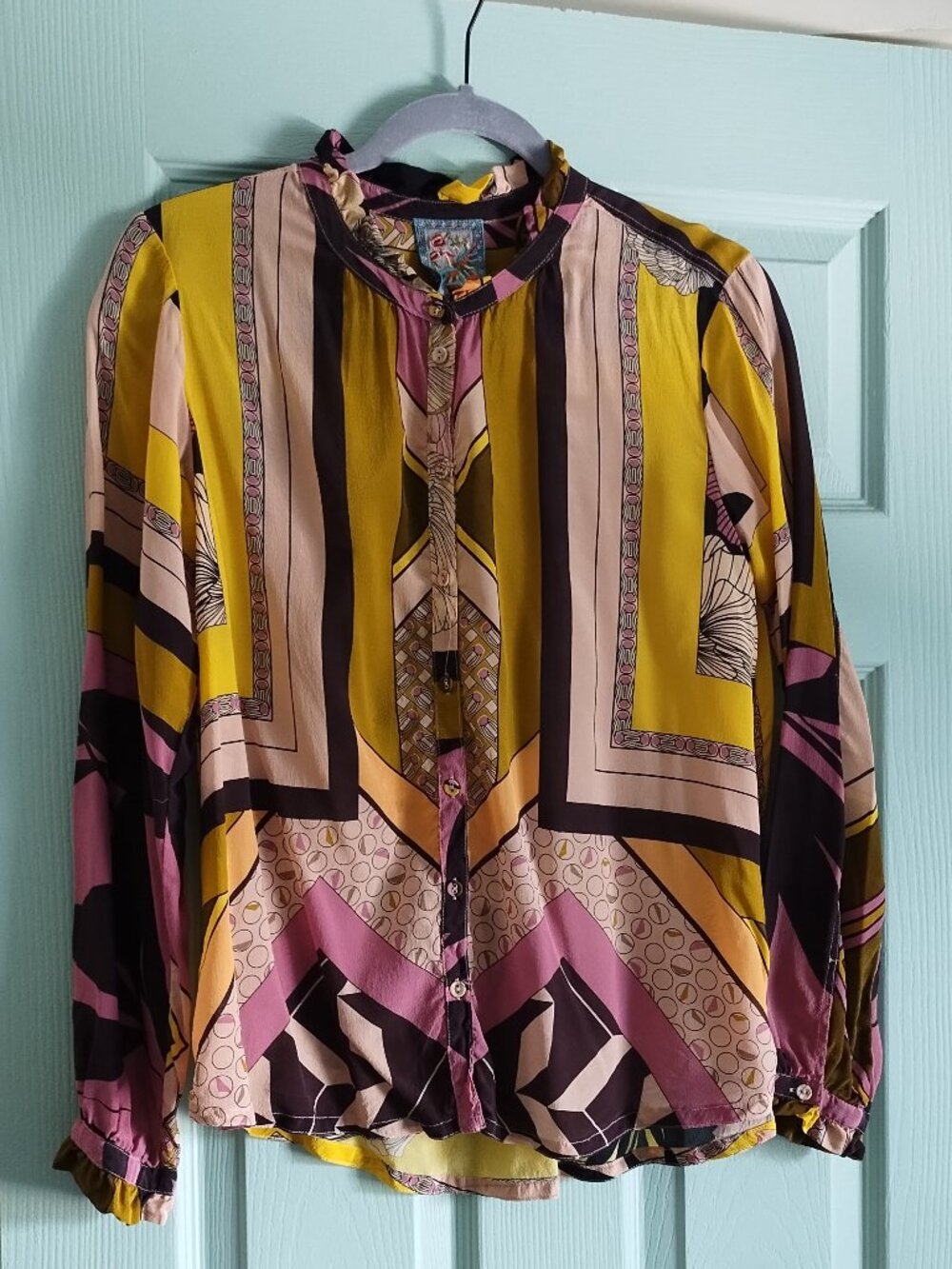 Johnny Was Art Deco Silk Blouse Size Small